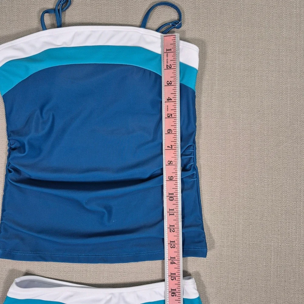 Blue Color Block Tankini Swimsuit Ruched Two Piece Kids Size 11-12Y